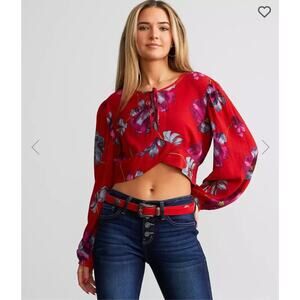 Band Of The Free Floral  Balloon Sleeve Keyhole Tie Neck Viscose Top Red L